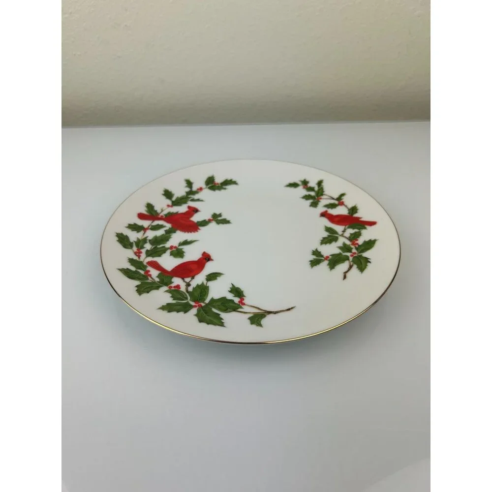 Lefton China Vintage Cardinal Bird Holly Ivy Christmas Holiday Plate Japan 1984